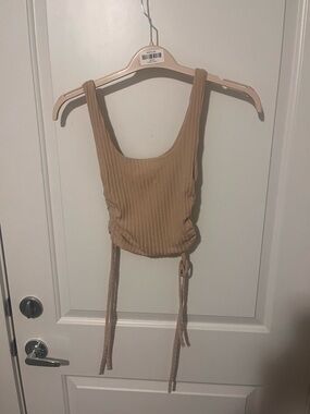 Sleeveless Ribbed Drawstring Crop Top - Tan